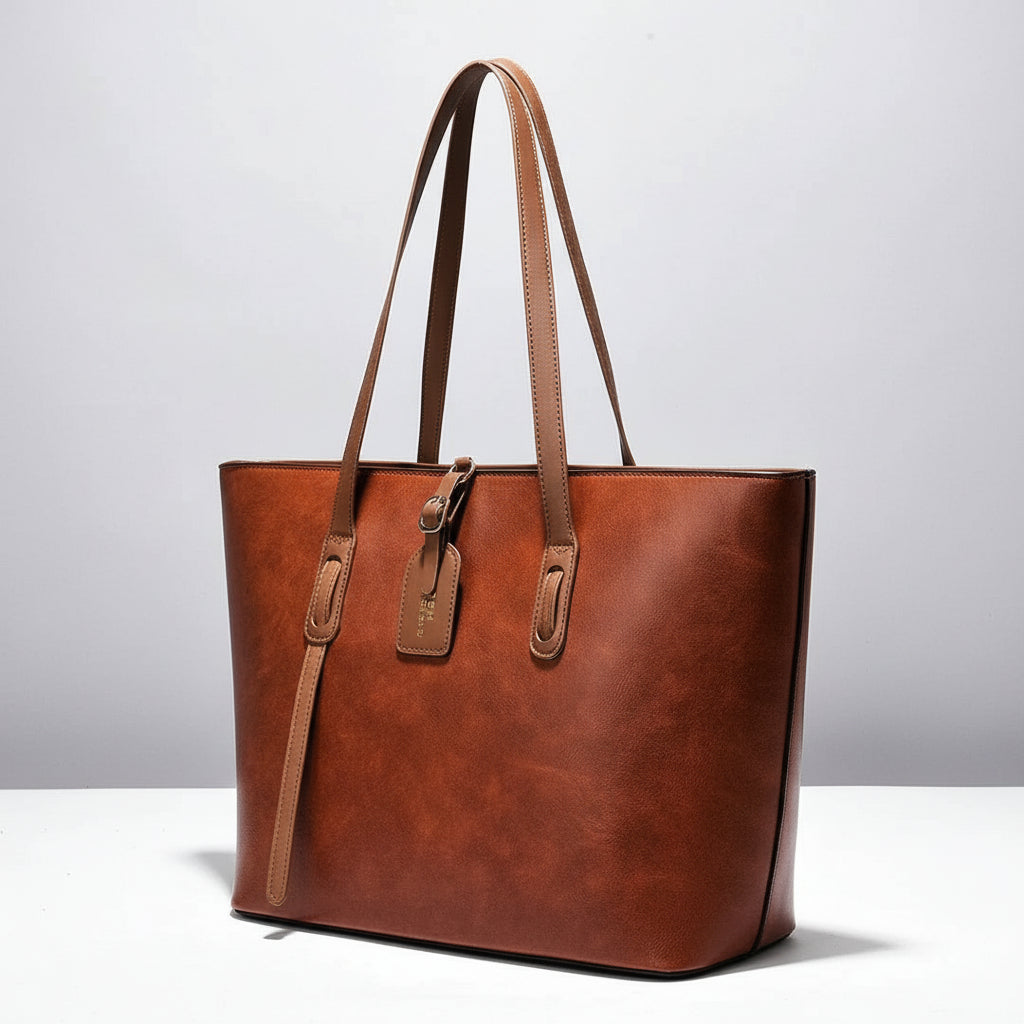 Brown leather tote bag with dual handles and tag on white background