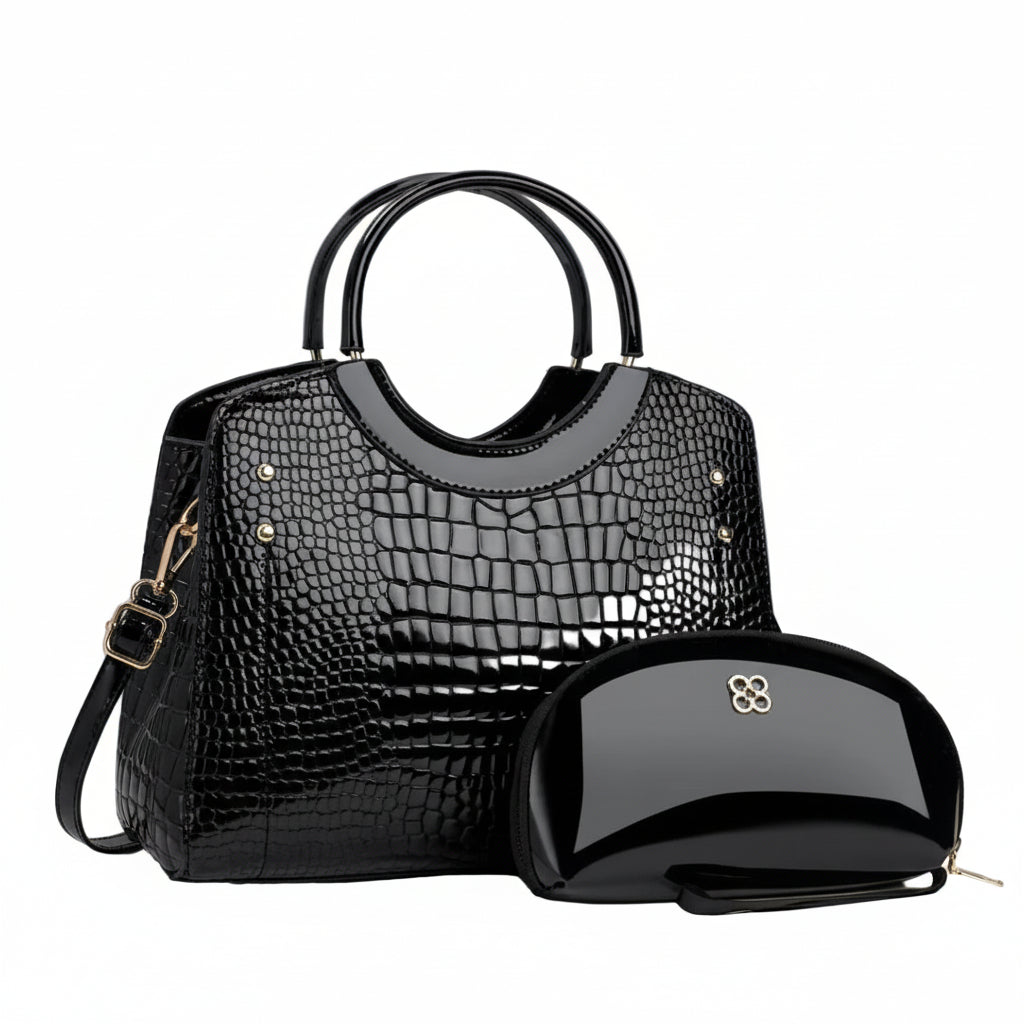 Black crocodile pattern handbag with matching glossy black makeup pouch, gold details