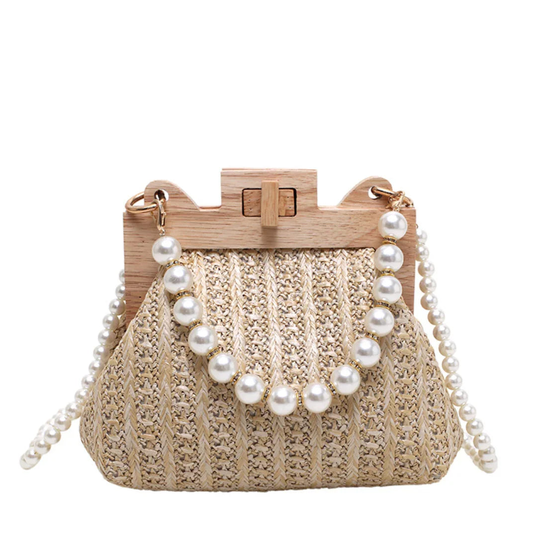Woven straw handbag with wooden frame and pearl beaded strap, stylish summer purse