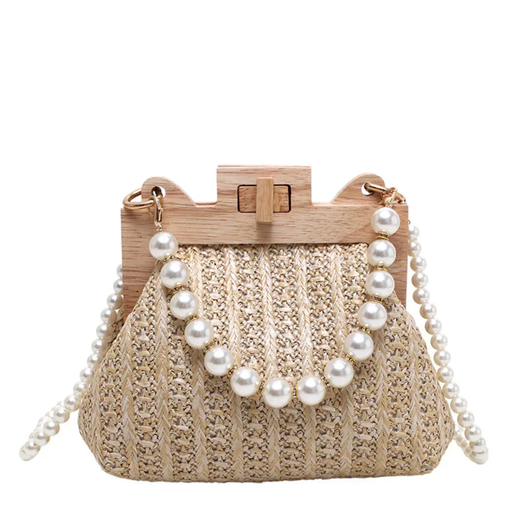 Woven straw handbag with wooden frame and pearl beaded strap, stylish summer purse