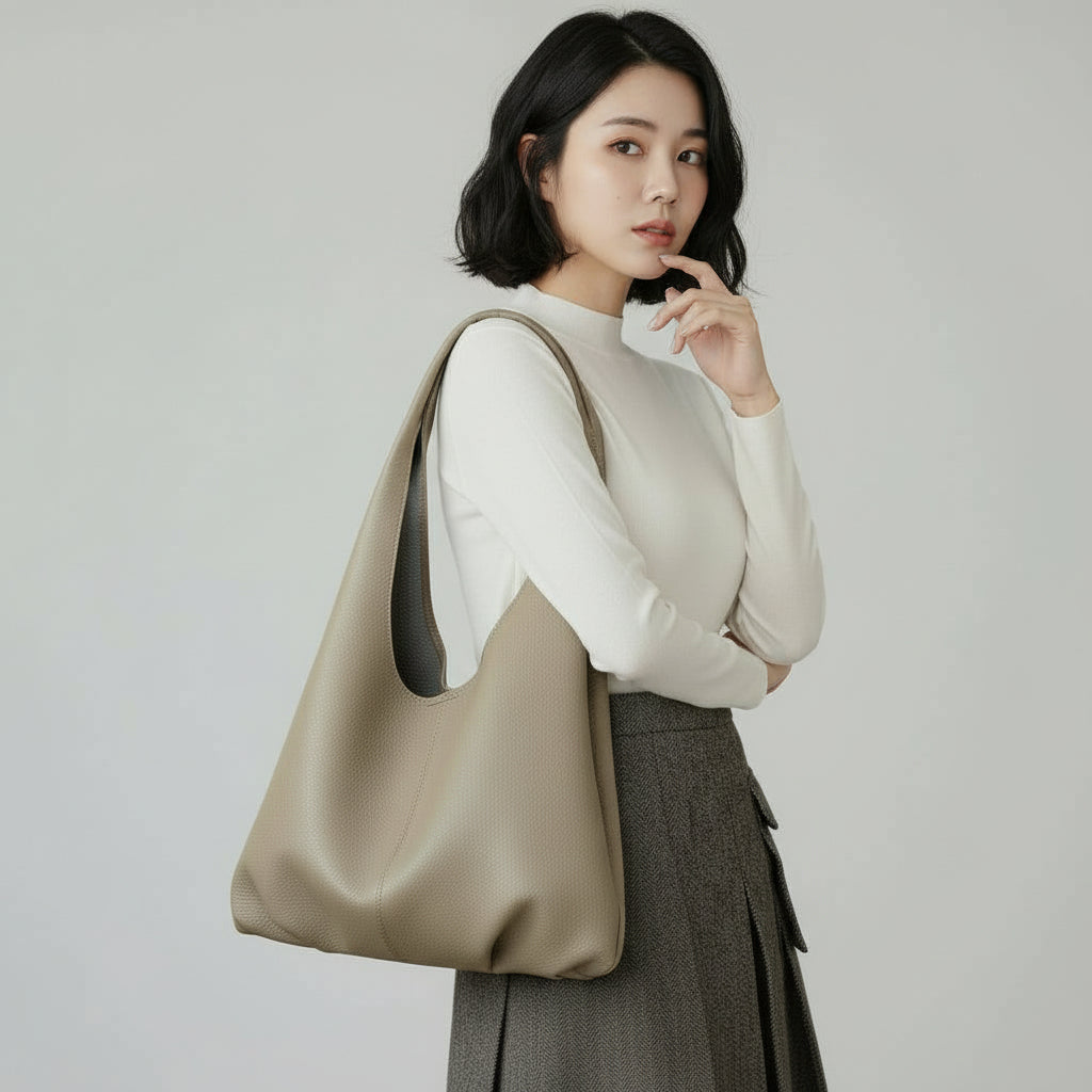 Woman modeling taupe shoulder bag with minimalist outfit on plain background