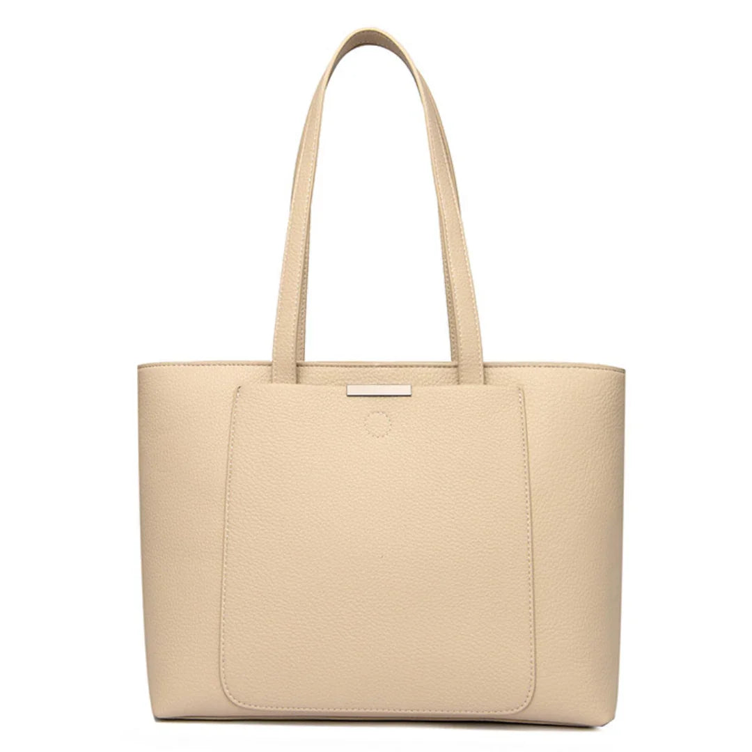 Beige leather tote bag with double shoulder straps and front pocket on white background