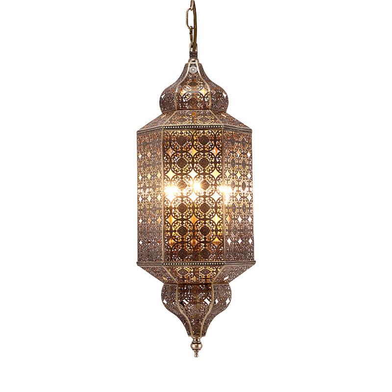 Arab Hexagonal Chandelier Light 3-Bulb Pendant in Brass - Rebooters