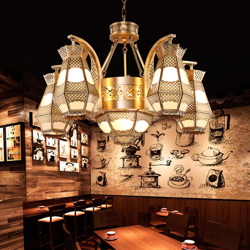 8 Heads Diamond Pendant Chandelier Arab Style Brass Opal Glass - Rebooters