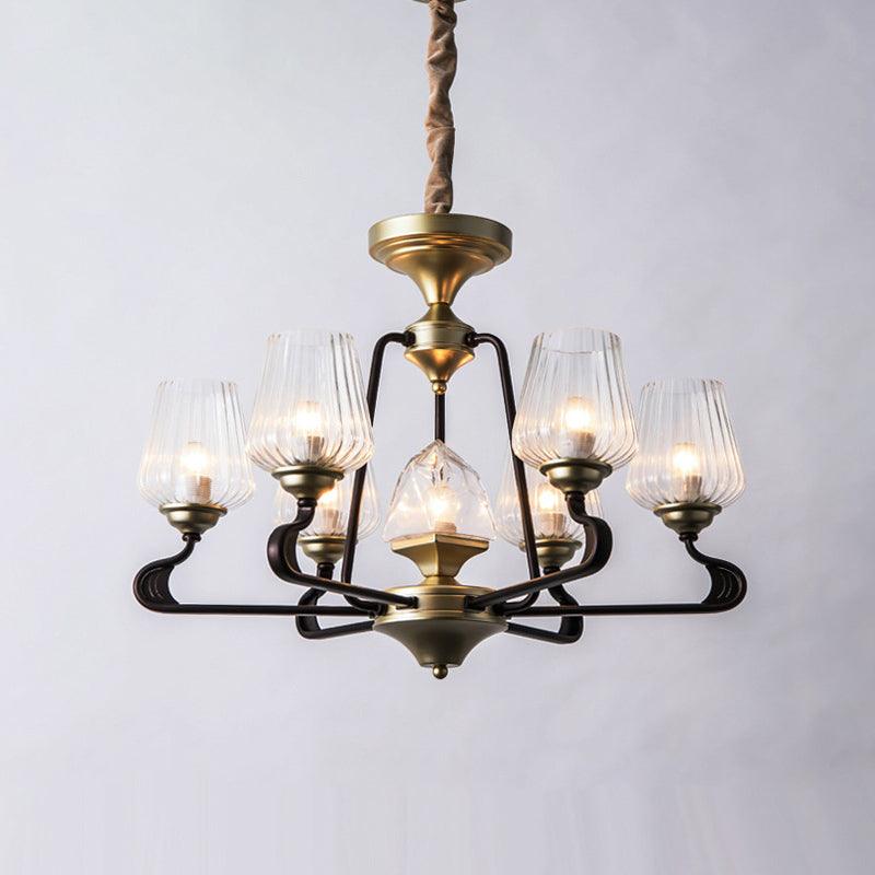 7-Head Clear Ribbed Glass Pendant Antique Black Tulip Chandelier - Rebooters
