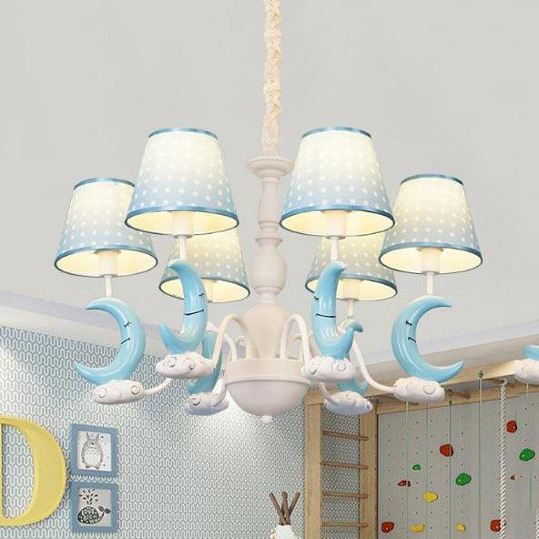 Bedroom Tapered Shade Hanging Lamp with Crescent Metal Cartoon Blue Chandelier - Rebooters