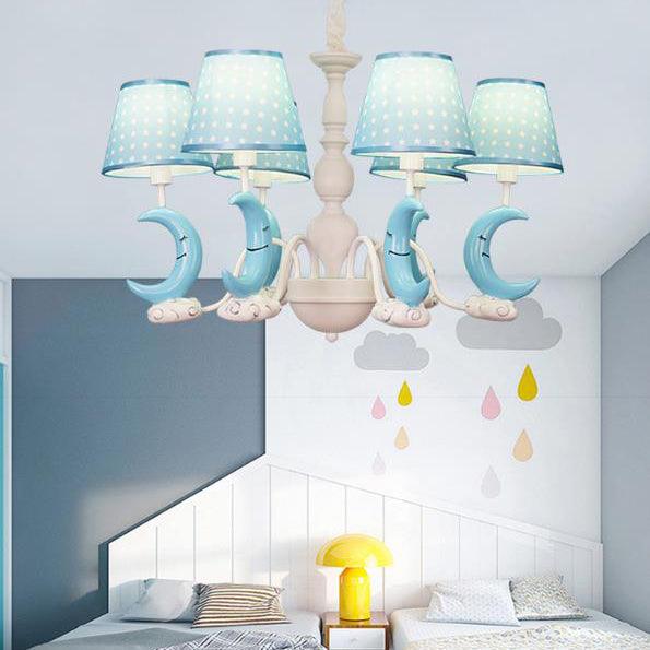 Bedroom Tapered Shade Hanging Lamp with Crescent Metal Cartoon Blue Chandelier - Rebooters