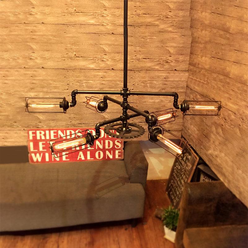6 Heads Iron Chandelier Lighting Fixture Farmhouse Black Mini Cylinder Cage Shade - Rebooters