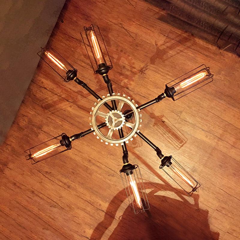 6 Heads Iron Chandelier Lighting Fixture Farmhouse Black Mini Cylinder Cage Shade - Rebooters