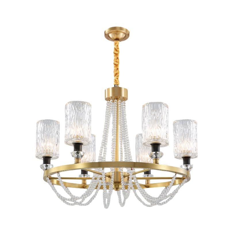 6-Head Cylinder Chandelier Lamp Postmodern Gold Wavy Crystal Light - Rebooters