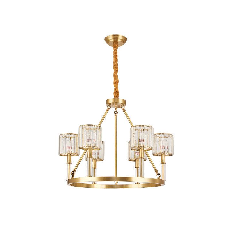6-Head Crystal Suspension Light Modern Brass Cylinder Chandelier - Rebooters
