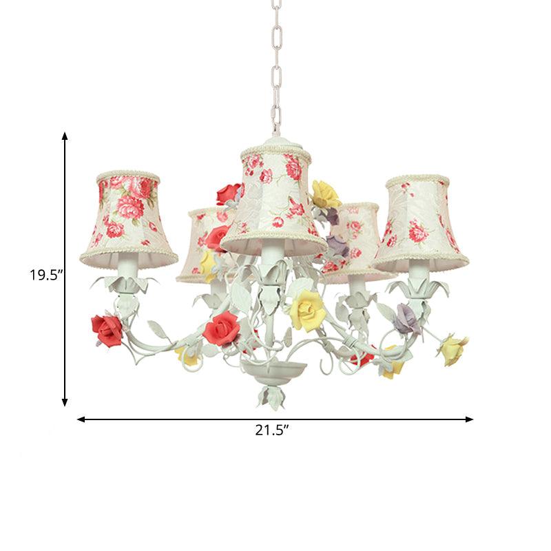 5 Heads Floral Print Fabric Chandelier White-Red Pendant Light - Rebooters