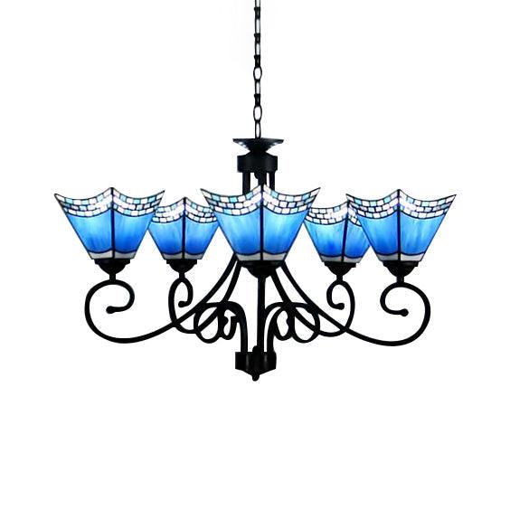 5 Lights Trapezoid Chandelier Lighting Blue Glass Nautical Pendant Light - Rebooters