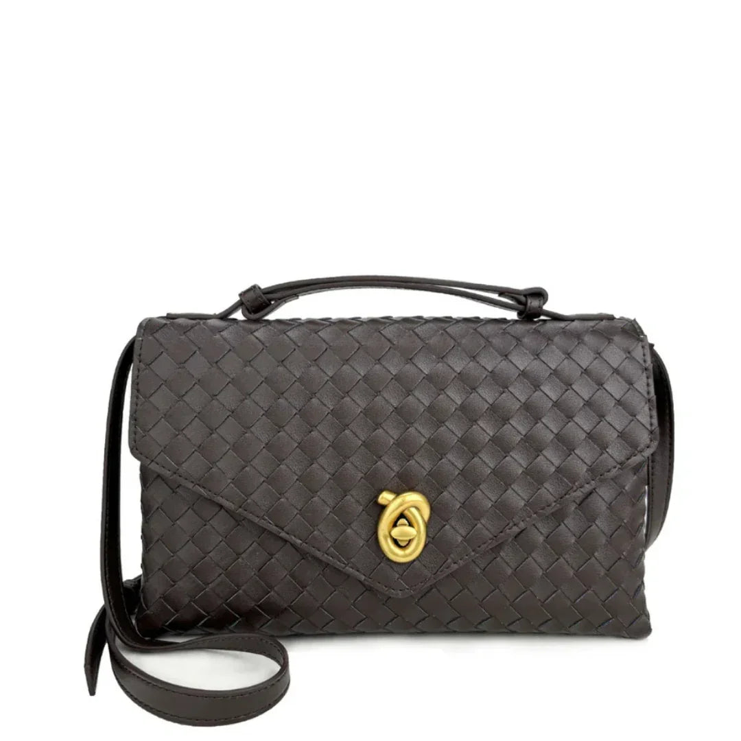 Black woven leather crossbody bag with gold clasp and adjustable strap