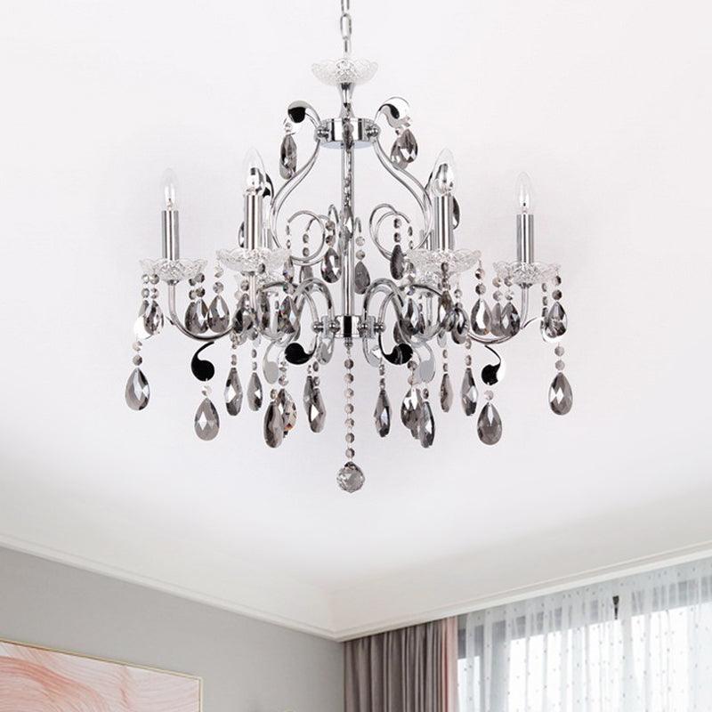 6 Lights Candle-Style Hanging Chandelier Smoke Grey Crystal - Rebooters