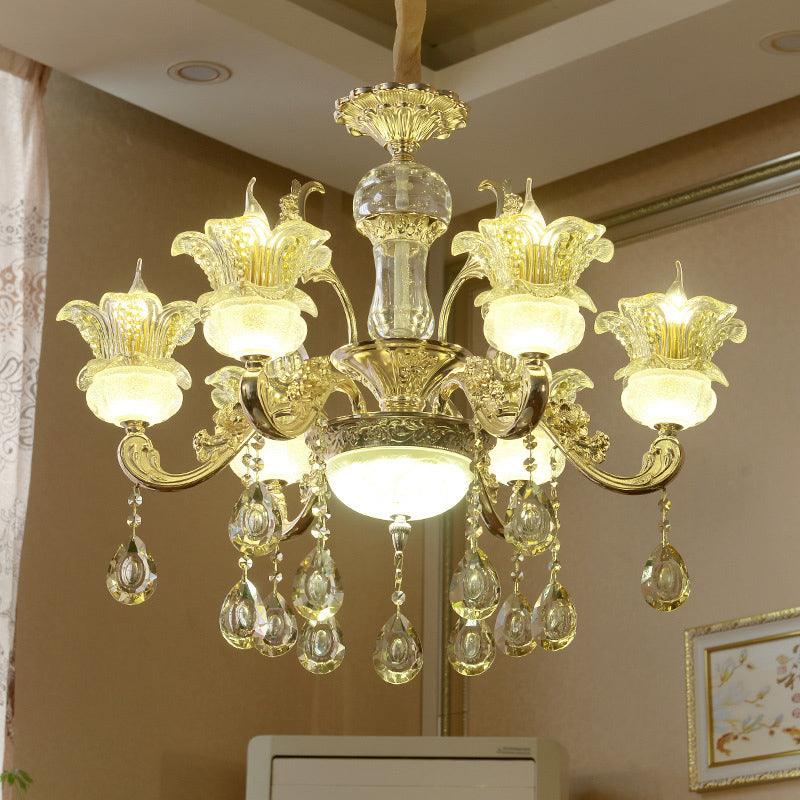 6 Lights Floral Hanging Chandelier Mid-Century Gold Crystal Lamp - Rebooters