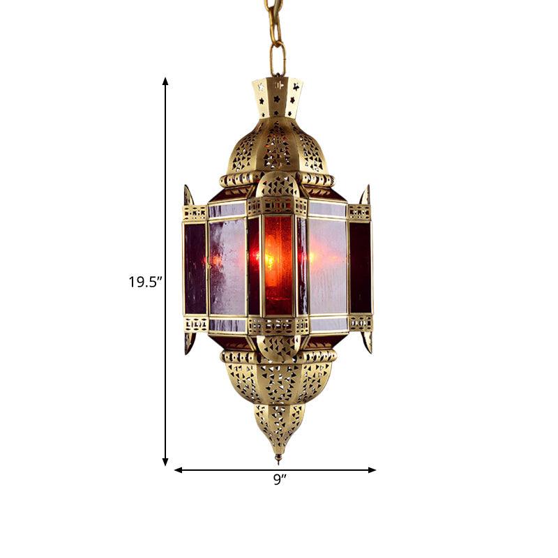 3 Heads Red Glass Suspension Light Arabian Brass Lantern Pendant Chandelier - Rebooters