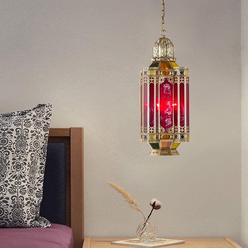Arab Lantern Hanging Chandelier 3 Heads Red Glass Pendant Ceiling Light in Brass for Corridor - Rebooters