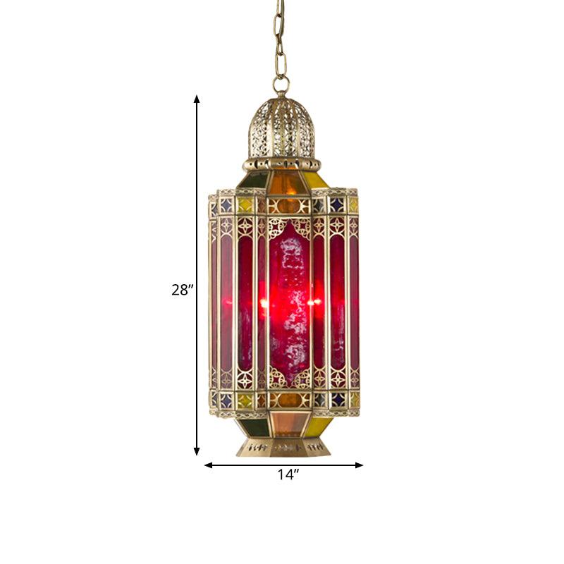 Arab Lantern Hanging Chandelier 3 Heads Red Glass Pendant Ceiling Light in Brass for Corridor - Rebooters