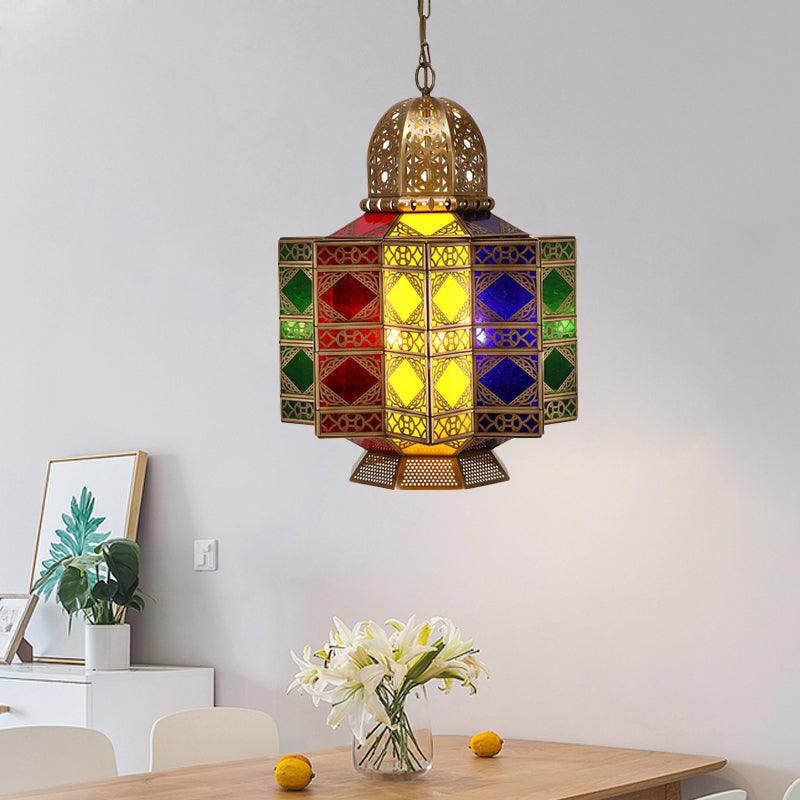 4-Head Metal Pendant Lighting Arab Lantern Stained Glass Chandelier in Brass - Rebooters