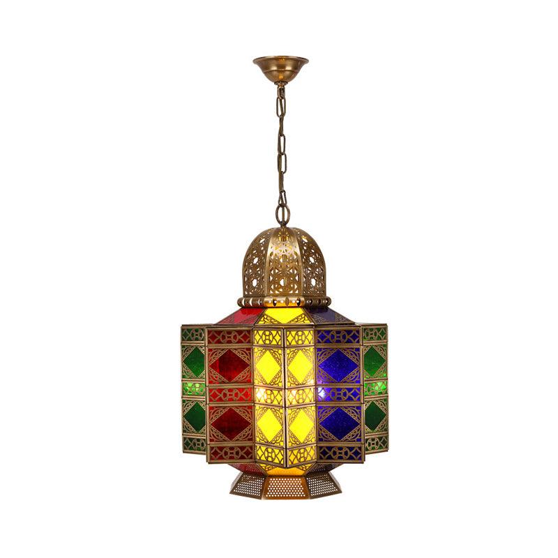 4-Head Metal Pendant Lighting Arab Lantern Stained Glass Chandelier in Brass - Rebooters