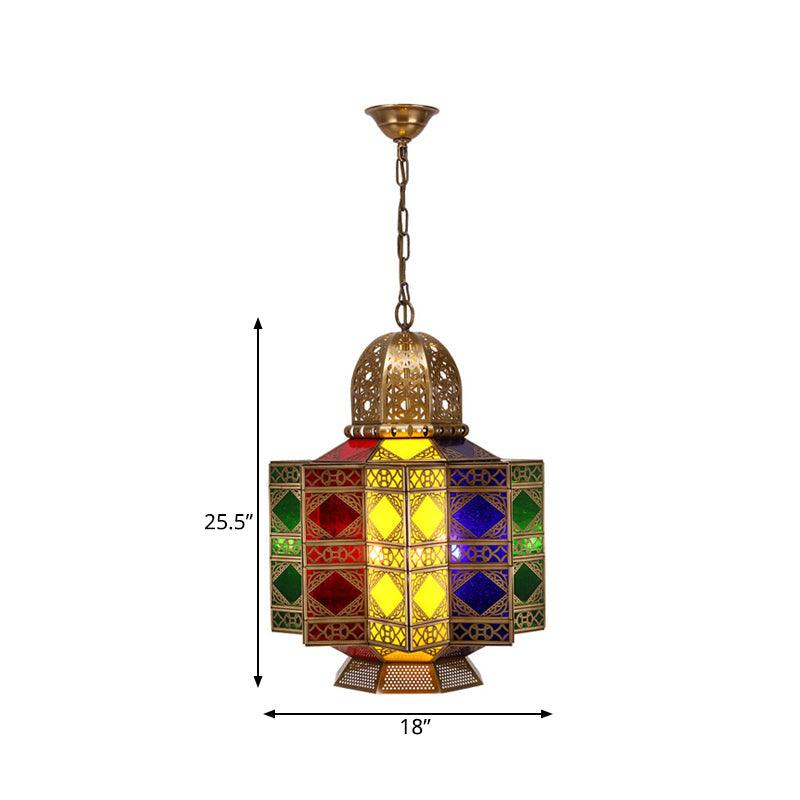 4-Head Metal Pendant Lighting Arab Lantern Stained Glass Chandelier in Brass - Rebooters