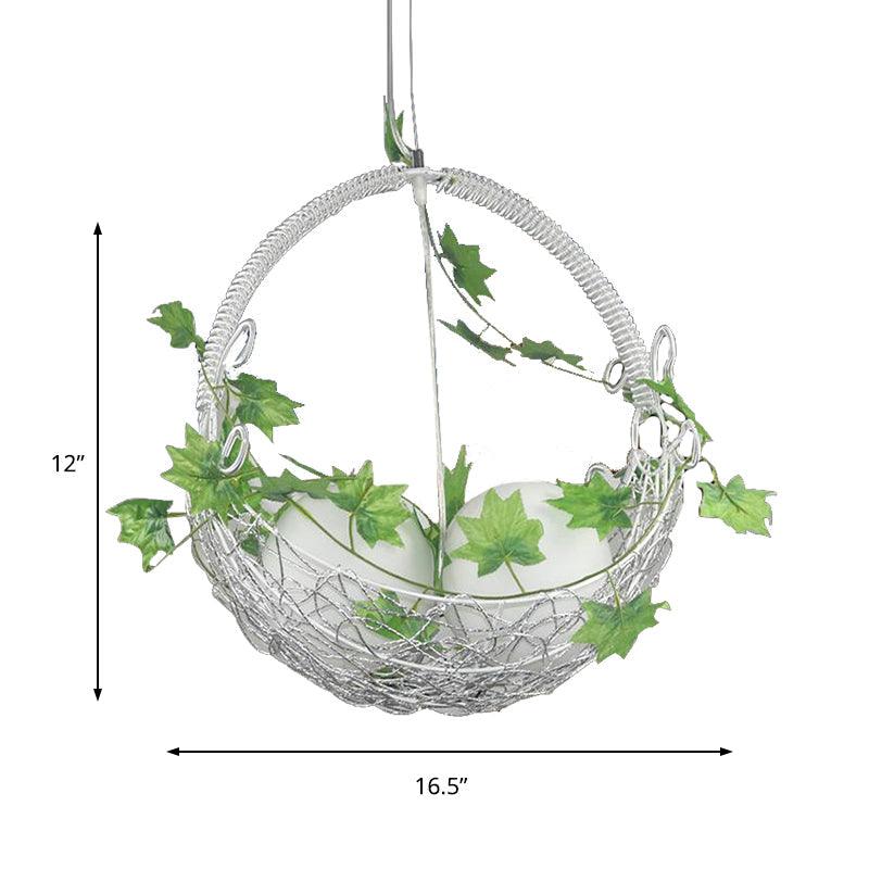 2 Bulbs Basket Chandelier Light Pastoral White Metal Pendant - Rebooters