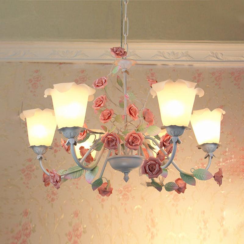 6-Bulb White Glass Chandelier Lamp Pastoral Pink Rose Light - Rebooters