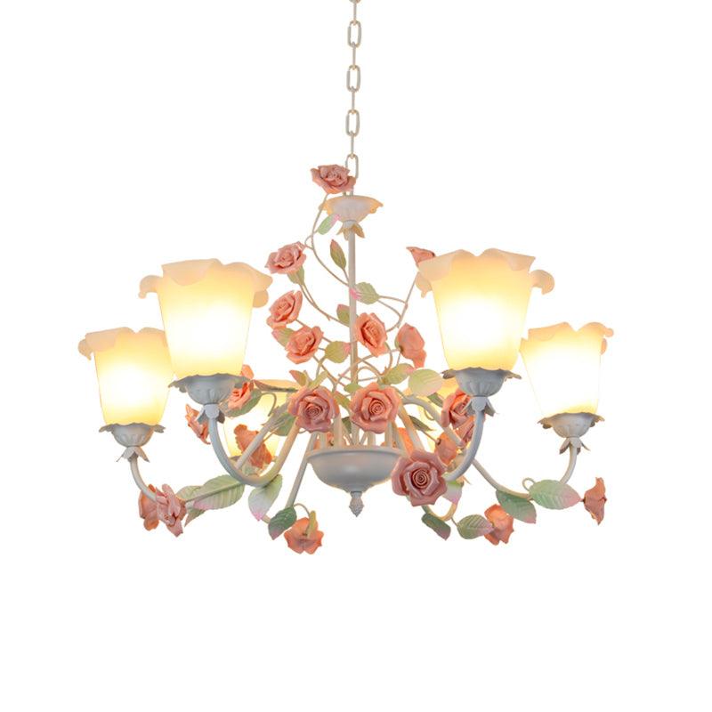 6-Bulb White Glass Chandelier Lamp Pastoral Pink Rose Light - Rebooters