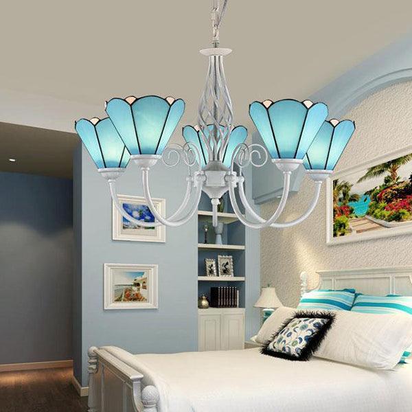 5 Lights Cone Hanging Light with Metal Chain Blue Chandelier - Rebooters