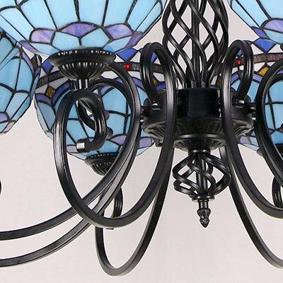 Baroque Indoor Pendant Light with Bowl Shade Stained Glass Ceiling Chandelier in Blue for Hotel - Rebooters