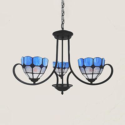 Baroque Bowl Hanging Ceiling Light 3 Lights Stained Glass Blue - Rebooters