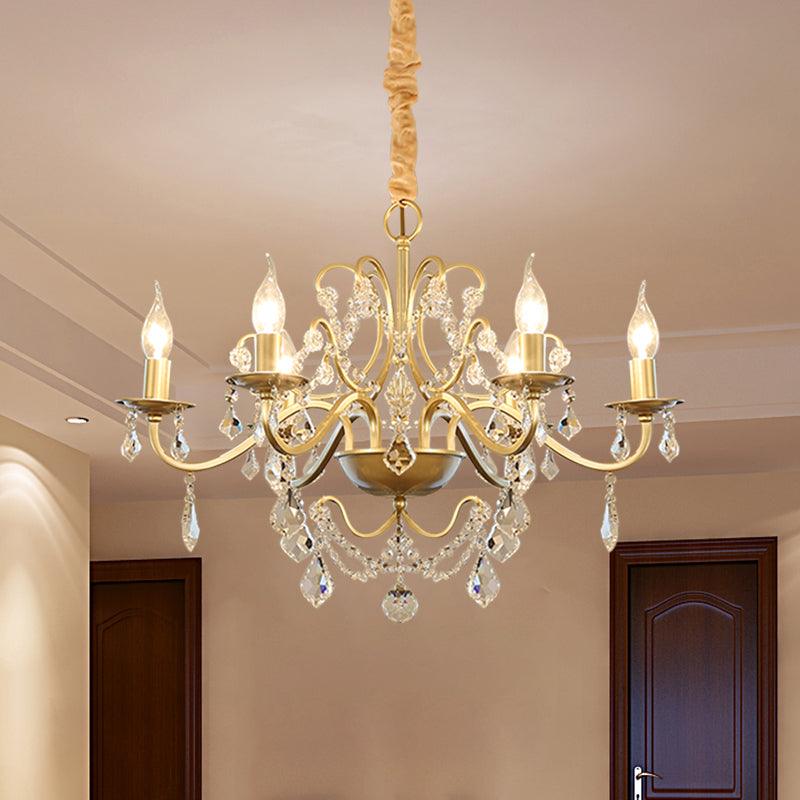 6 Bulbs Candle Hanging Chandelier Country Style Gold Finish Crystal Swag Light - Rebooters
