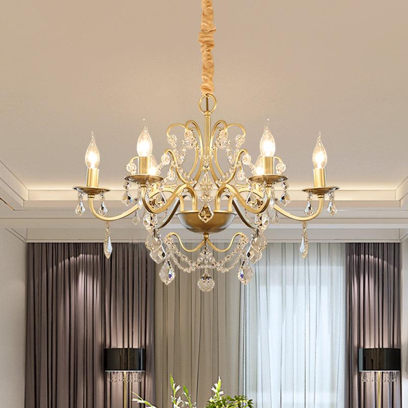 6 Bulbs Candle Hanging Chandelier Country Style Gold Finish Crystal Swag Light - Rebooters
