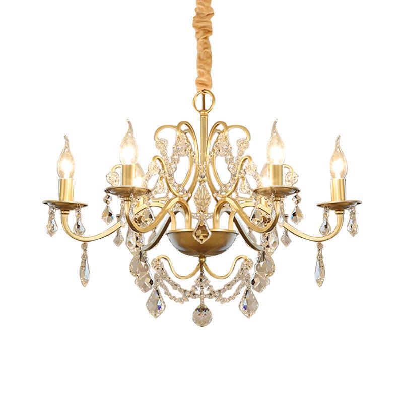 6 Bulbs Candle Hanging Chandelier Country Style Gold Finish Crystal Swag Light - Rebooters