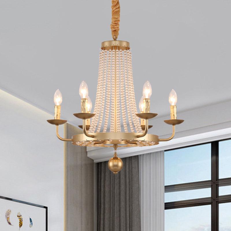 6-Light Ring Hanging Chandelier Country Style Gold Finish Crystal Strand Candle Ceiling Lamp Fixture - Rebooters