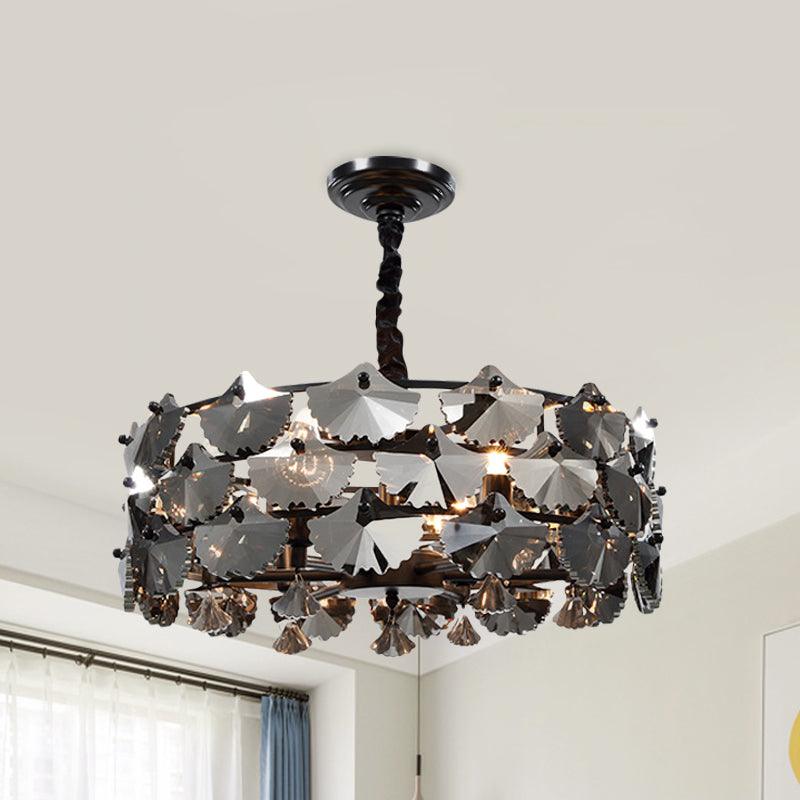6 Lights Pendant Chandelier Modernist Drum-Shape Crystal Ginkgo Hanging Lamp in Black - Rebooters