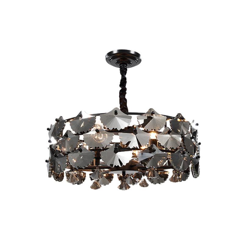 6 Lights Pendant Chandelier Modernist Drum-Shape Crystal Ginkgo Hanging Lamp in Black - Rebooters