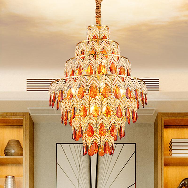7-Tier Tapered Dining Room Hanging Light Retro Tan Crystal - Rebooters