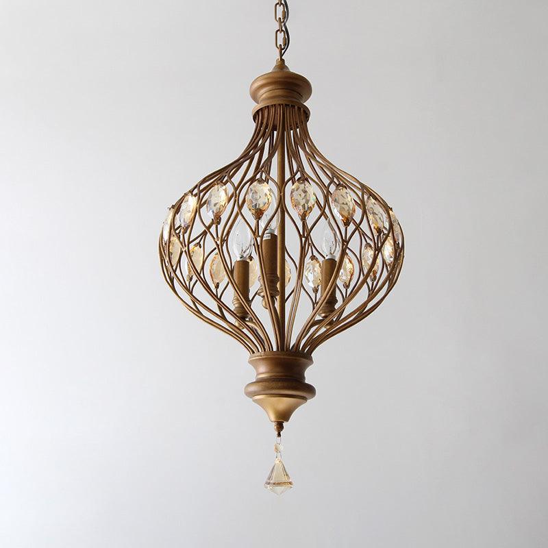 Beveled Glass Crystal Lantern Chandelier Contemporary 3-Light Living Room Hanging Pendant Light in Bronze - Rebooters