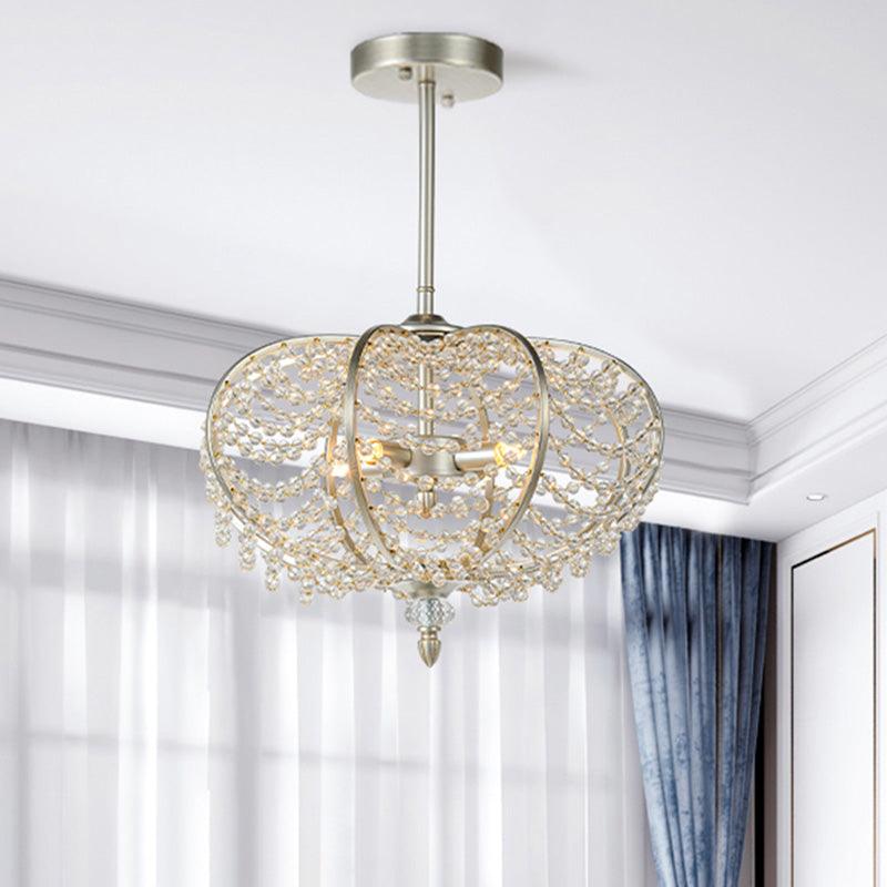 2-Light Ceiling Hang Fixture Post Modern Chain Crystal Bead Pendant Chandelier in Silver for Guest Room - Rebooters