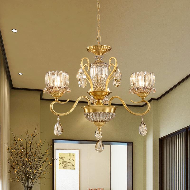Beveled Glass Crystal Gold Suspended Light Lotus 3-Bulb Chandelier - Rebooters