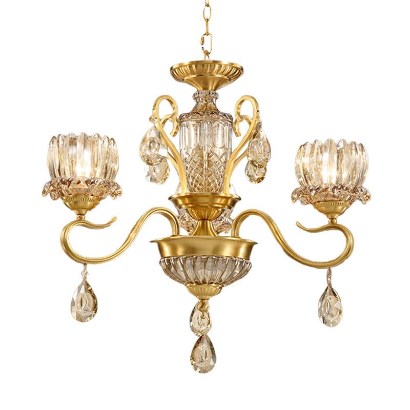 Beveled Glass Crystal Gold Suspended Light Lotus 3-Bulb Chandelier - Rebooters