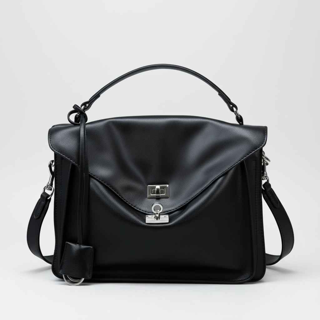 Black leather handbag with top handle and silver clasp on white background