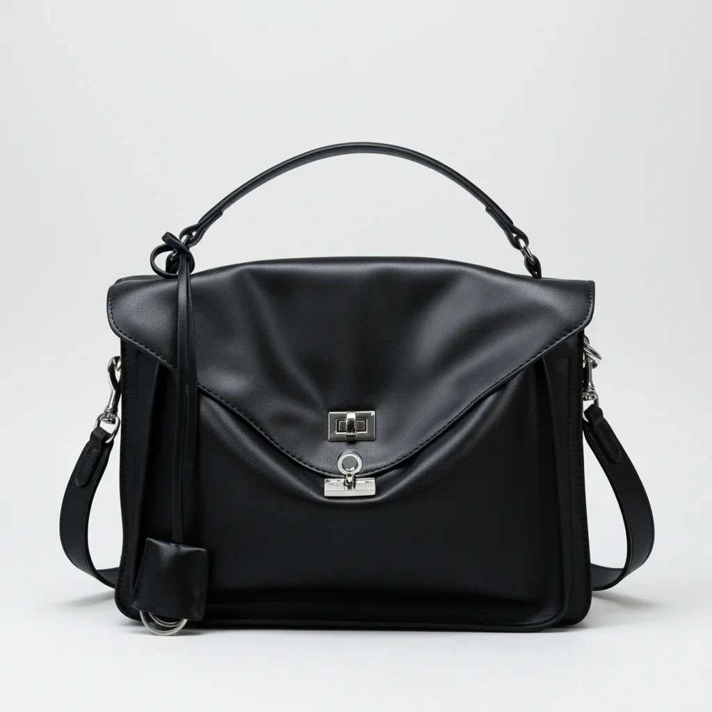 Black leather handbag with top handle and silver clasp on white background