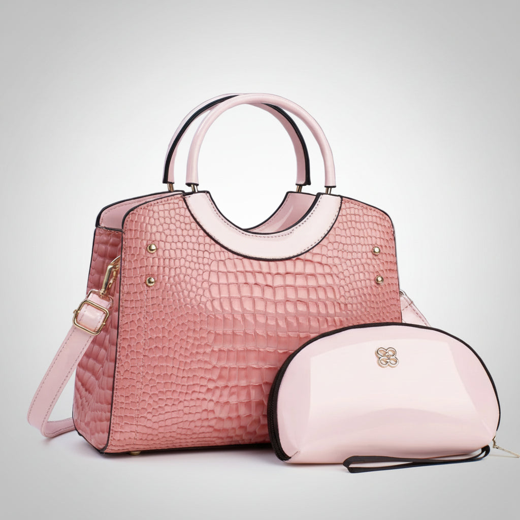 Pink crocodile pattern handbag with matching glossy cosmetic bag