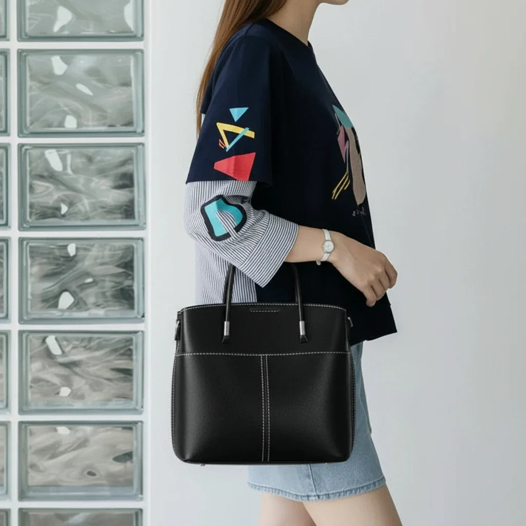 Woman wearing a graphic navy shirt and holding a black leather handbag