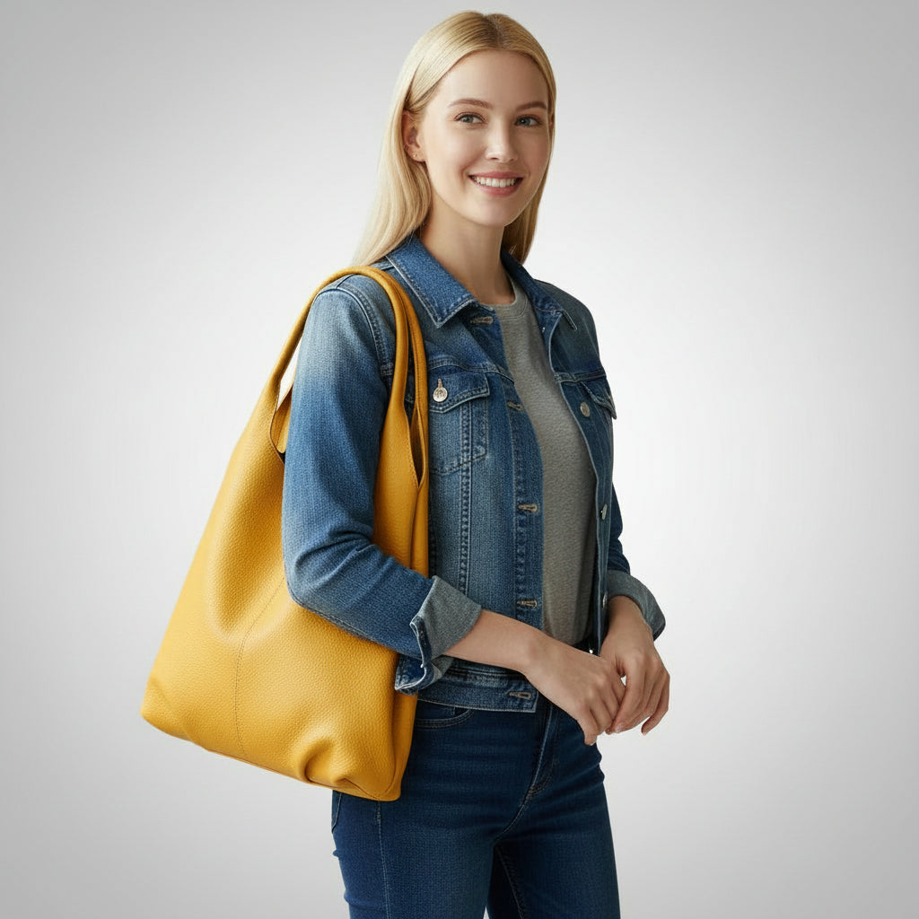 Woman in denim jacket carrying large yellow leather tote bag, grey background