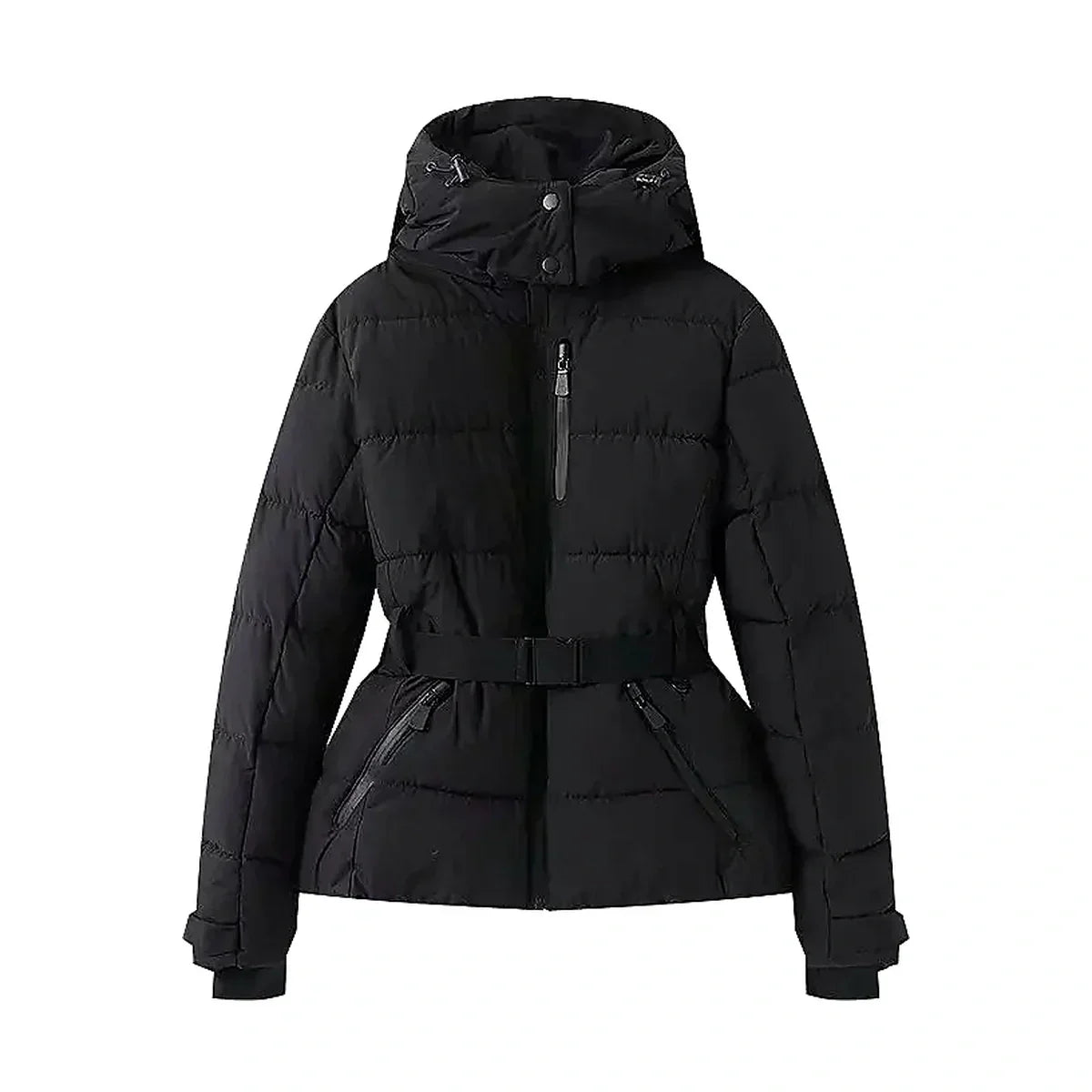Black puffer jacket with a hood on a white background