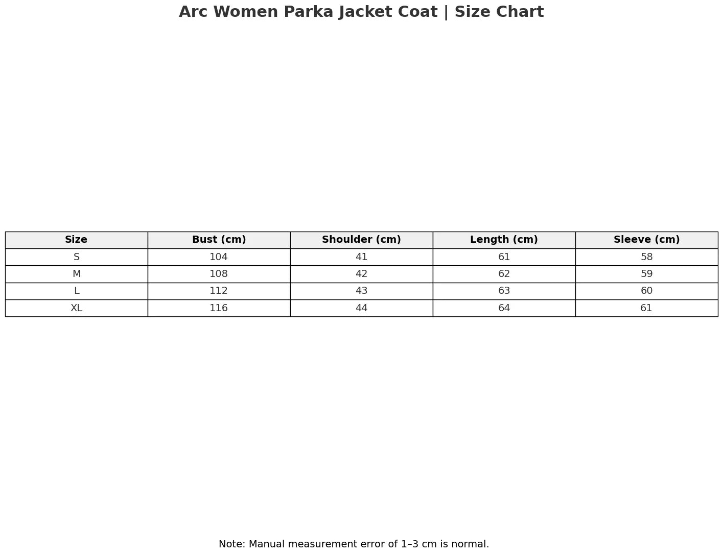 Size chart for Arc Women Parka Jacket Coat with measurements in centimeters.